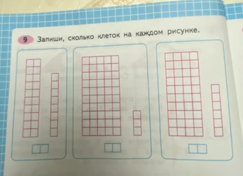 Помоги мне посчитать количество клеток на каждом рисунке