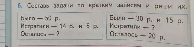 Составь задачу по кратким записям и реши её: было 50 р., истратили 14 и 6 р., осталось - ?