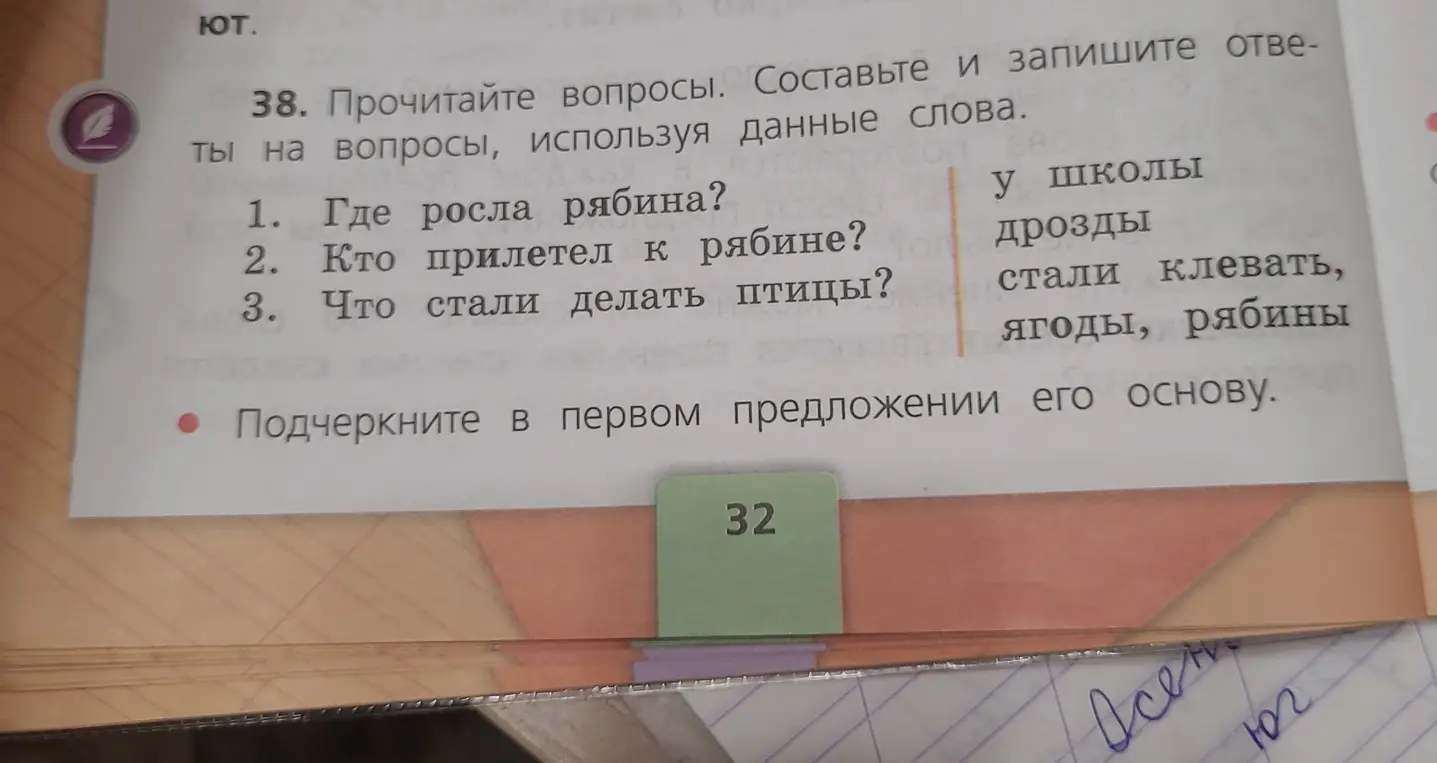 Составь и запиши ответы на вопросы, используя данные слова: 1. Где росла рябина?