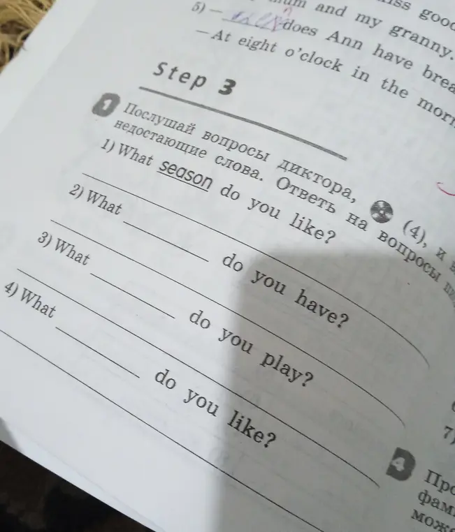 Заполни недостающие слова в вопросе 'What __ do you have?'