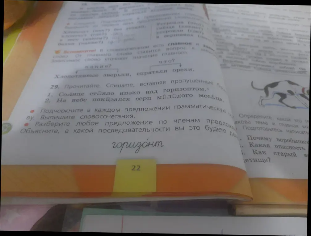 Ты просишь подчеркнуть грамматическую основу, выписать словосочетания и разобрать предложение "Солнце стояло низко над горизонтом" по членам.