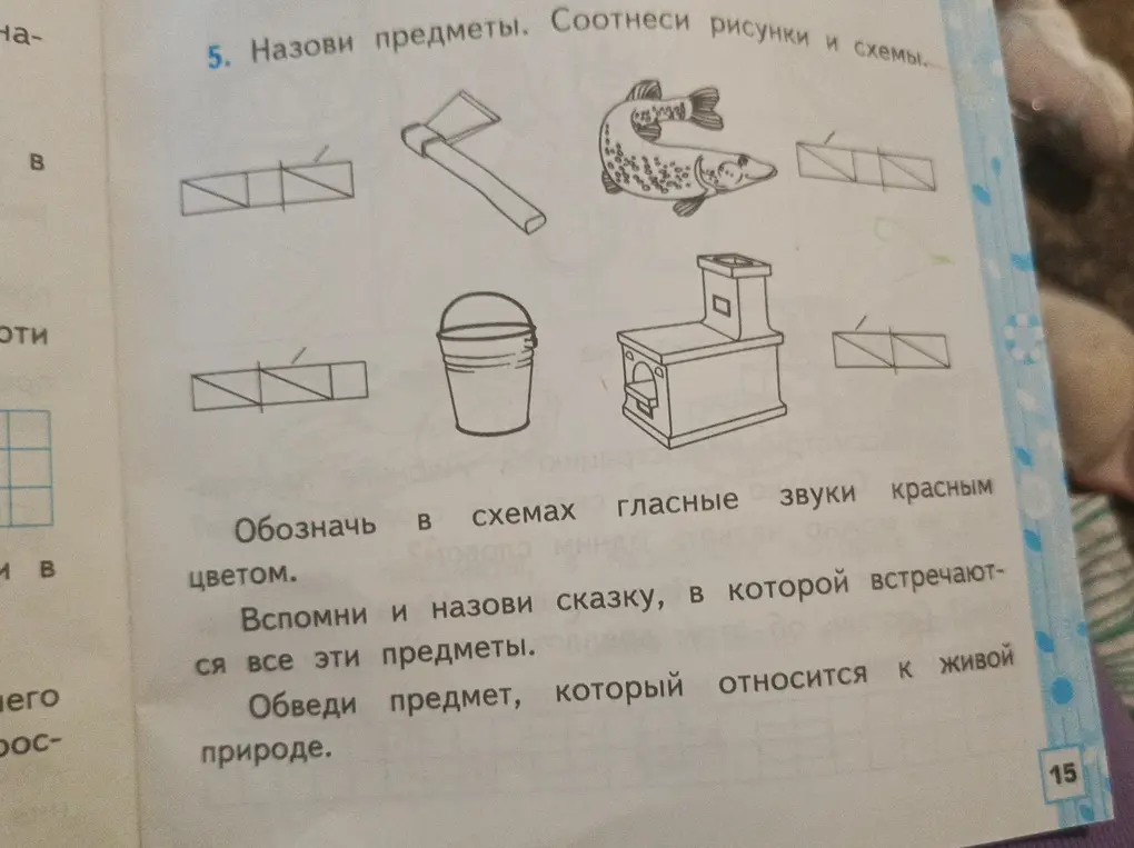 Помоги назвать предметы, соотнести рисунки и схемы, обозначить в схемах гласные звуки красным цветом, вспомнить и назвать сказку, в которой встречаются все эти предметы, обвести предмет, который относится к живой природе