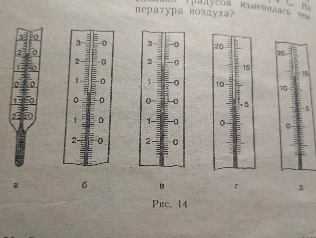 Определи цену деления шкалы каждого термометра, укажи максимальную температуру, которую можно измерить термометрами, минимальную, и какую температуру показывает каждый термометр.