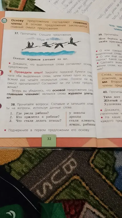 Выполни упражнение, ответь на вопросы и подчеркни в первом предложении его основу.