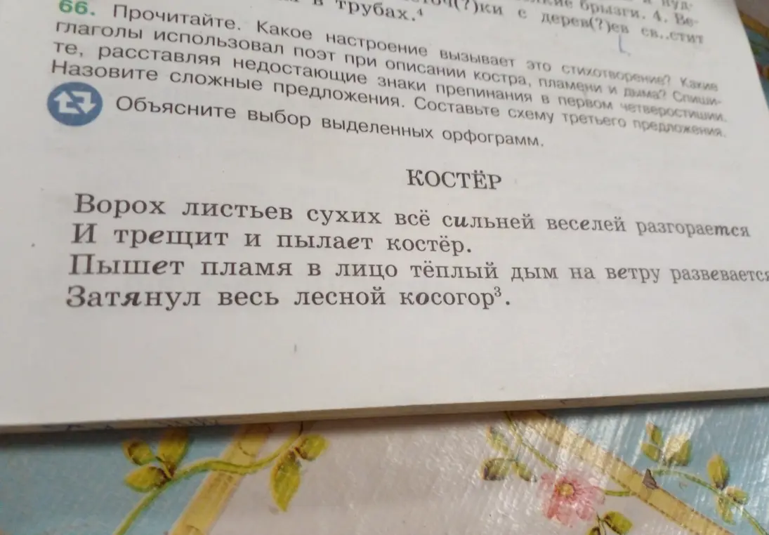 Объясни выбор выделенных орфограмм в стихотворении про костёр.
