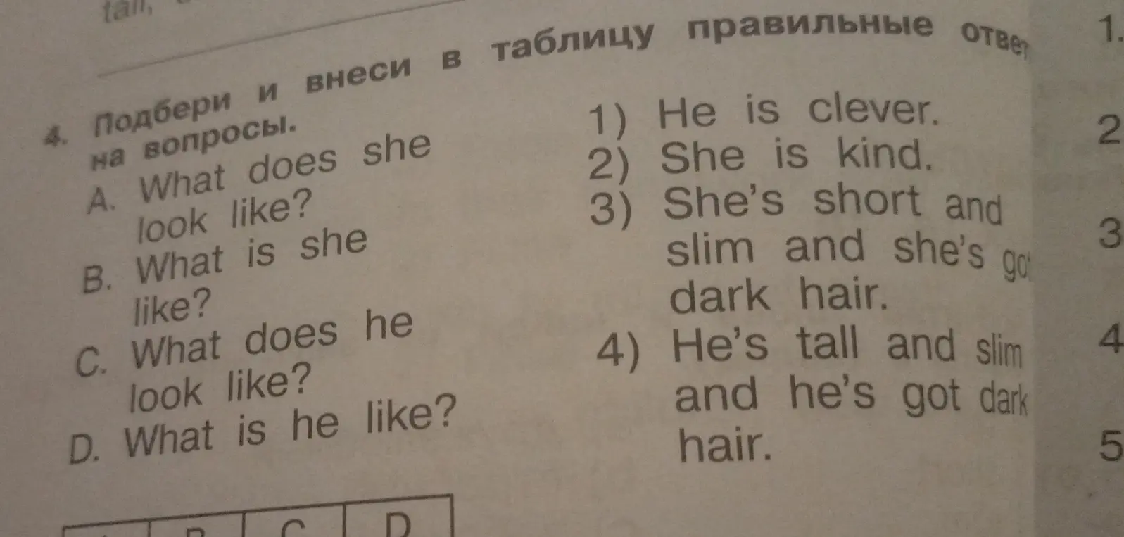 Подбери и внеси в таблицу правильные ответы на вопросы: What does she look like?