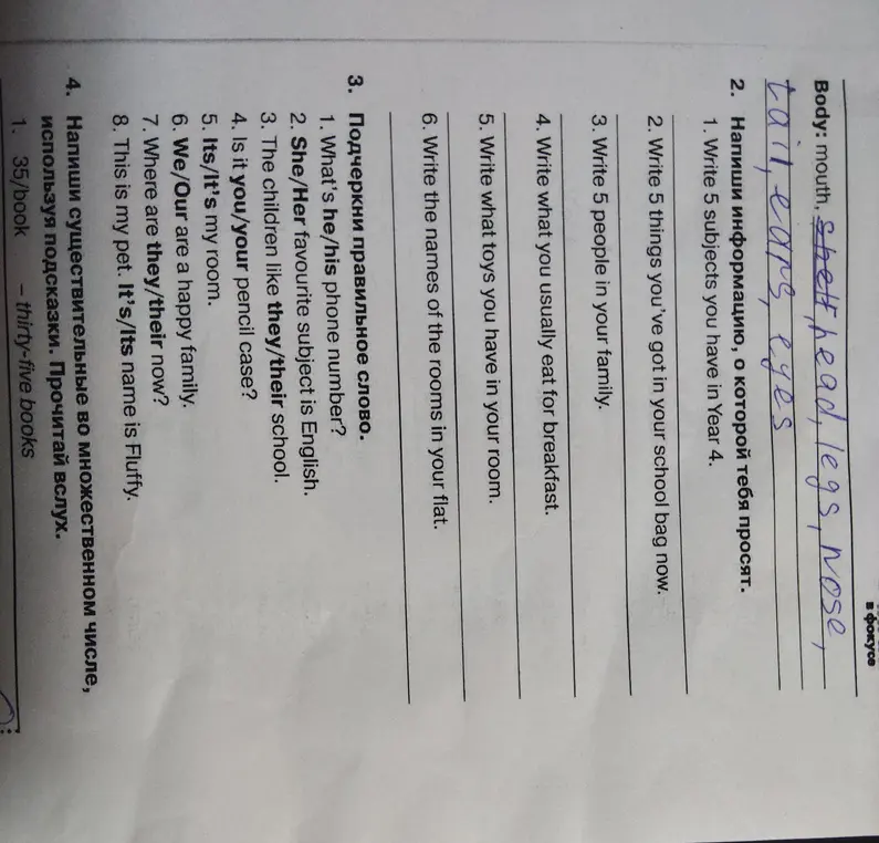 Выполни задания по английскому языку: во втором задании напиши 5 предметов, которые есть у тебя в 4 классе, в третьем задании подчеркни правильное слово.