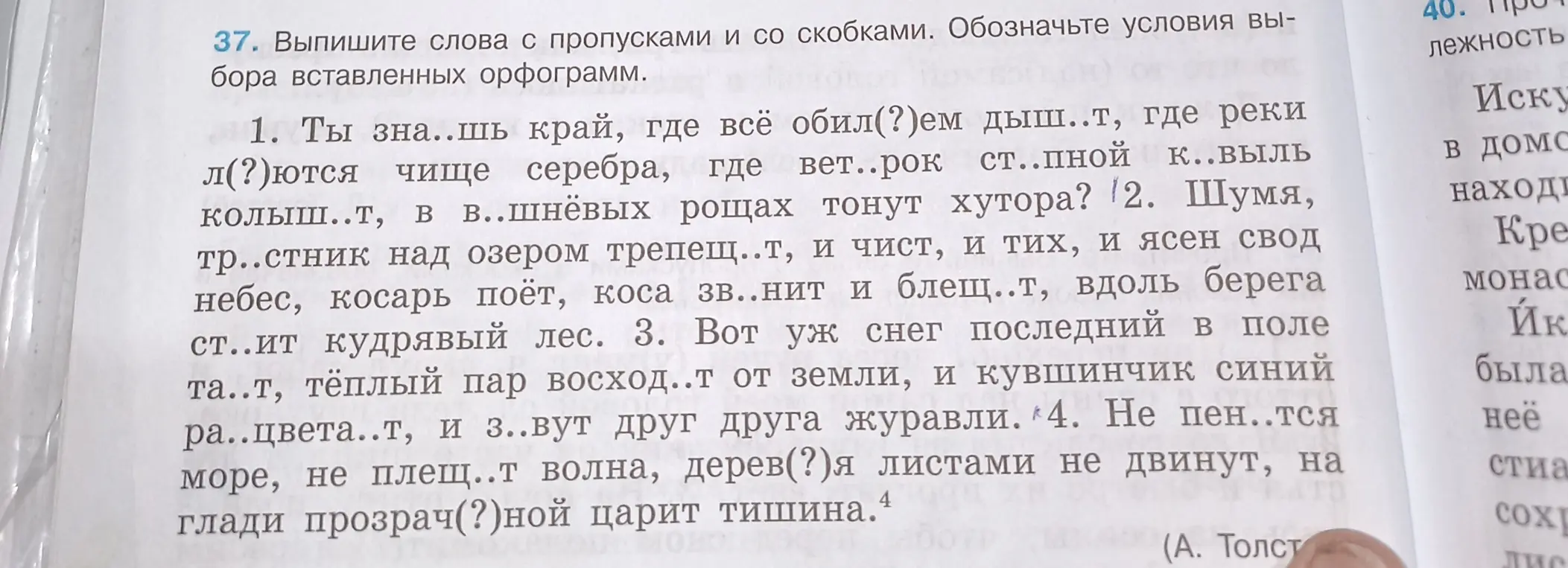 Выпиши слова с пропусками и со скобками и обозначь условия выбора вставленных орфограмм в первом предложении.