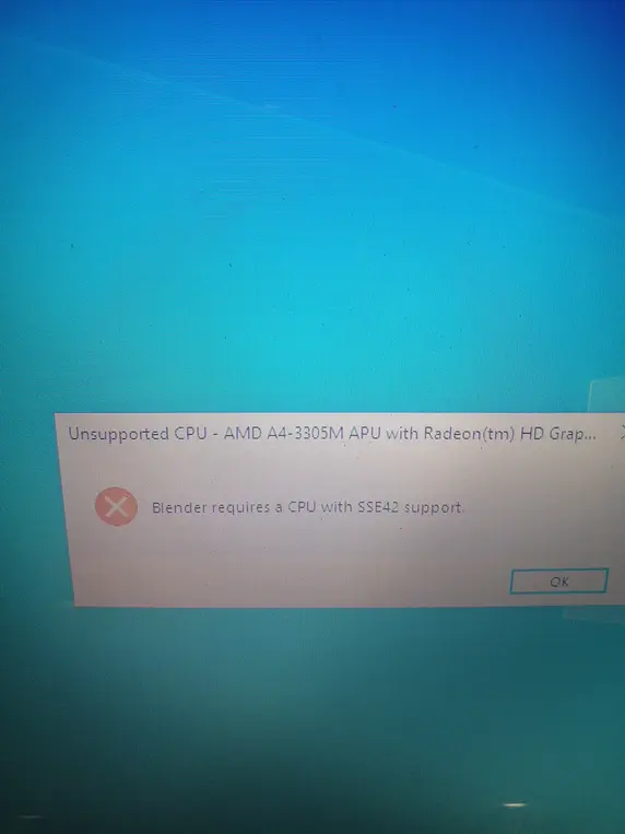 Ты просишь перевести текст с английского на русский: Unsupported CPU - AMD A4-3305M APU with Radeon(tm) HD Grap...Blender requires a CPU with SSE42 support.
