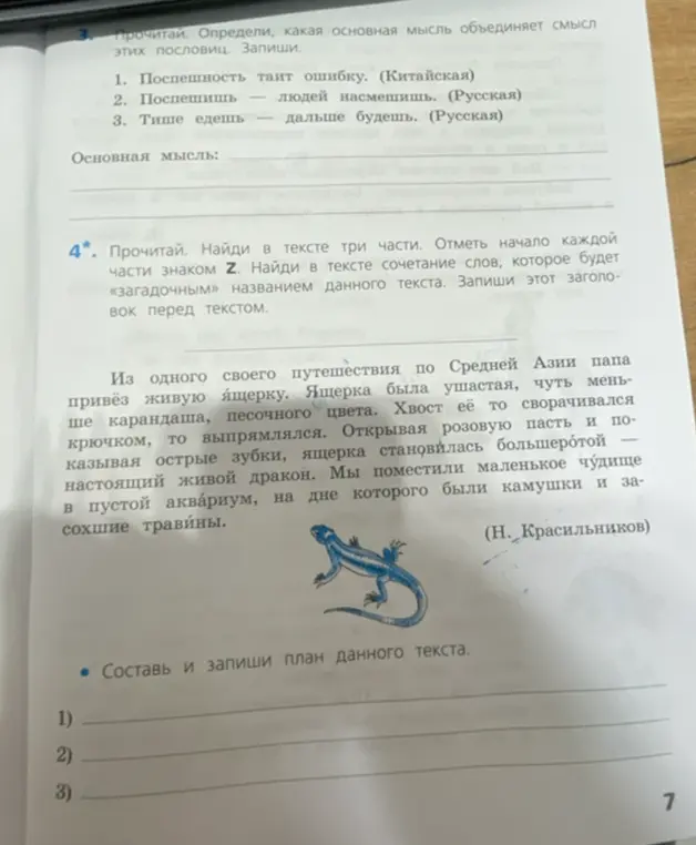 Найди в тексте три части, отметь начало каждой части знаком Z. Найди в тексте сочетание слов, которое будет «загадочным» названием данного текста. Составь и запиши план данного текста