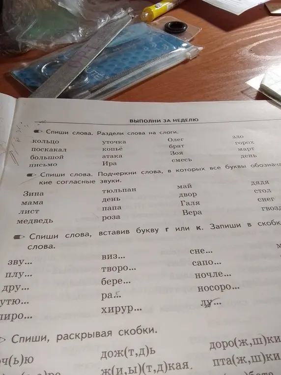 Помоги с упражнениями по русскому языку: спиши слова и раздели их на слоги, подчеркни слова, где все буквы обозначают согласные звуки, вставь пропущенные буквы и раскрой скобки