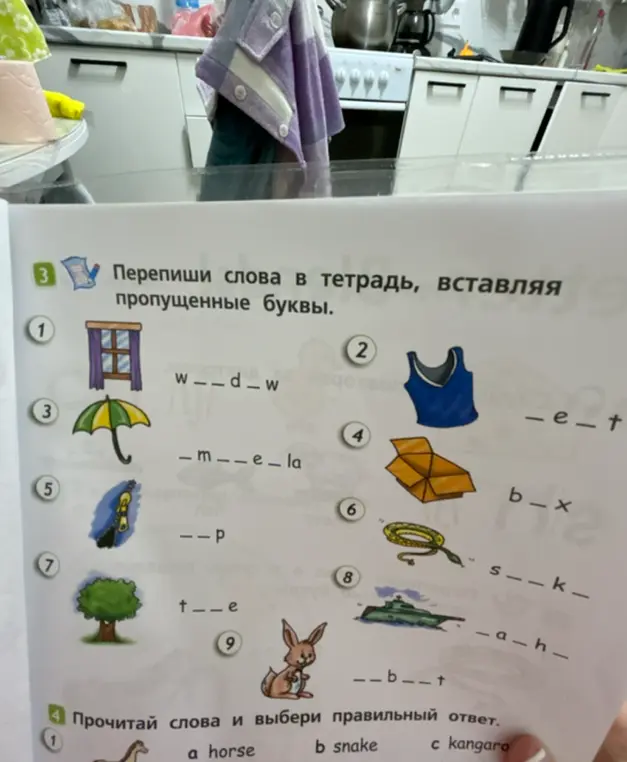 Предложи заполнить пропущенные буквы в словах на английском языке и выбрать правильный ответ в задании 4