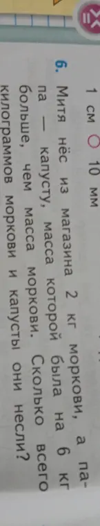 Ты просишь меня решить задачу: Митя нёс из магазина 2 кг моркови, а капуста, масса которой была на 6 кг больше, чем масса моркови. Сколько всего килограммов моркови и капусты они несли?