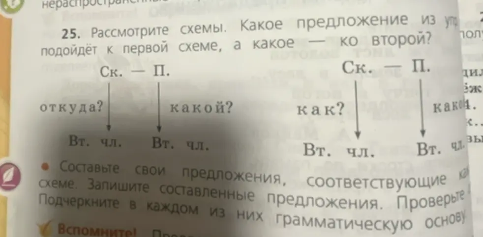 Составь предложения, соответствующие схемам: первая схема (Ск. — П.) - вопросы «откуда?» и «какой?», вторая схема (Ск. — П.) - вопросы «как?» и «какой?»