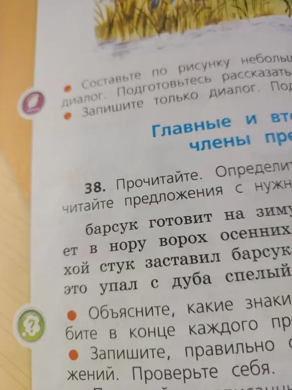 Объясни, какие знаки препинания нужно поставить в конце каждого предложения: 'Барсук готовит на зиму', 'Он несёт в нору ворох осенних листьев', 'Тихий стук заставил барсука насторожиться', 'Это упал с дуба спелый жёлудь'