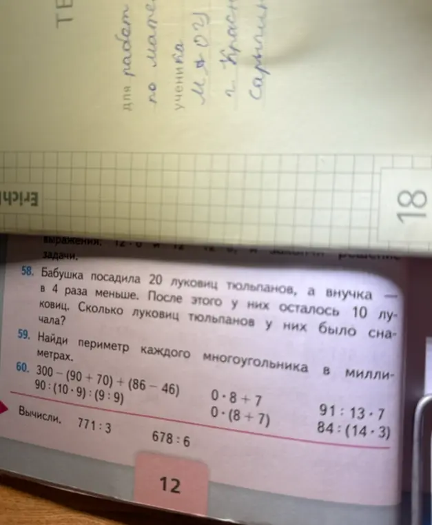 Помоги решить задачу: Бабушка посадила 20 луковиц тюльпанов, а внучка в 4 раза меньше. После этого у них осталось 10 луковиц. Сколько луковиц тюльпанов у них было сначала?