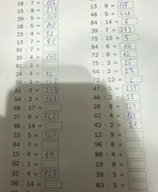 Выполни вычисления: 81:3, 91:7, 68:17, 98:14, 84:7, 92:2, 56:14, 12*9, 96:8, 88:4, 19*9, 39:3, 63:3