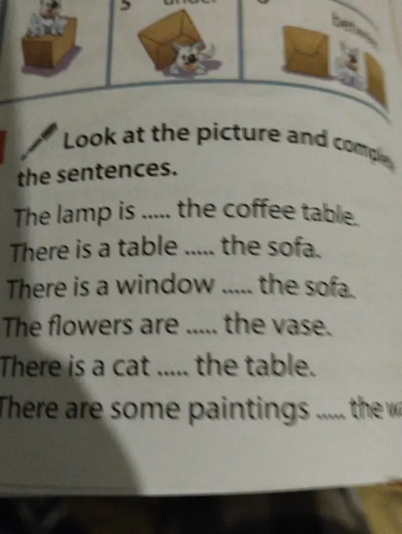 Помоги заполнить пропуски в предложениях, глядя на картинку: The lamp is ... the coffee table.