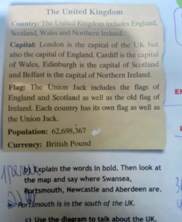 Объясни слова Country, Capital, Flag, Population, Currency и укажи на карте, где находятся города Swansea, Portsmouth, Newcastle и Aberdeen