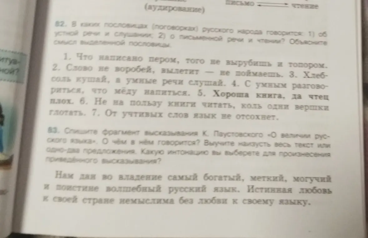 В каких пословицах русского народа говорится об устной речи и слушании и о письменной речи и чтении? Объясни смысл выделенной пословицы.