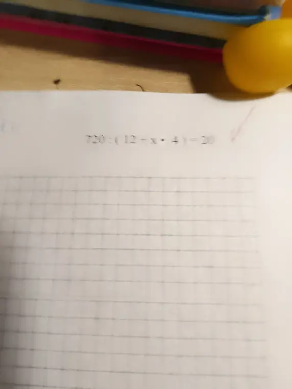 Реши уравнение 720:(12 + x * 4) = 20