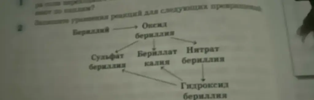 Ты просишь записать уравнения реакций для следующих превращений: Бериллий → Оксид бериллия → Сульфат бериллия, Бериллат калия, Нитрат бериллия → Гидроксид бериллия.