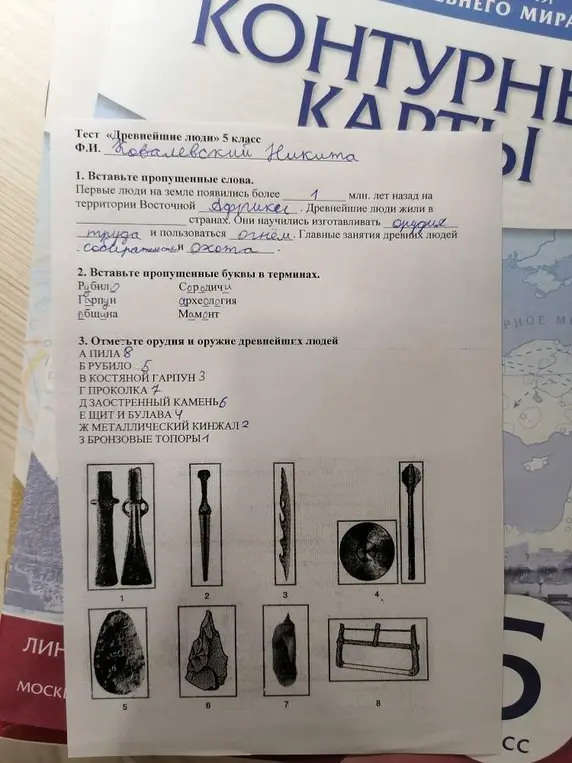 Ты просишь помочь с тестом по истории Древнего мира: вставить пропущенные слова, буквы и соотнести орудия с номерами.