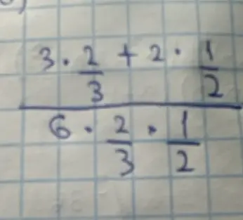 Как решить выражение $\frac{3 \cdot \frac{2}{3} + 2 \cdot \frac{1}{2}}{6 \cdot \frac{2}{3} \cdot \frac{1}{2}}$?
