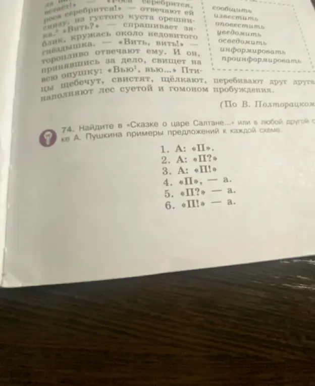 Помоги найти примеры предложений из сказки А.С. Пушкина, соответствующие каждой схеме.