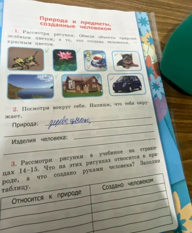 Объясни, что нужно сделать в заданиях про природу и предметы, созданные человеком