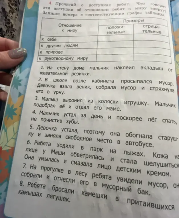 Распредели поступки ребят по отношению к миру и определи, положительный это поступок или отрицательный