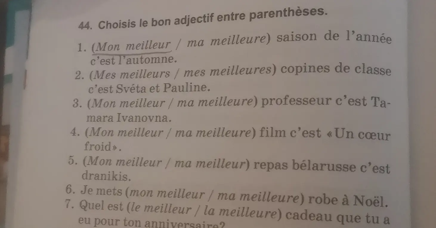 Выбери правильное прилагательное в предложении 'Mon meilleur / ma meilleure saison de l'année c'est l'automne.'