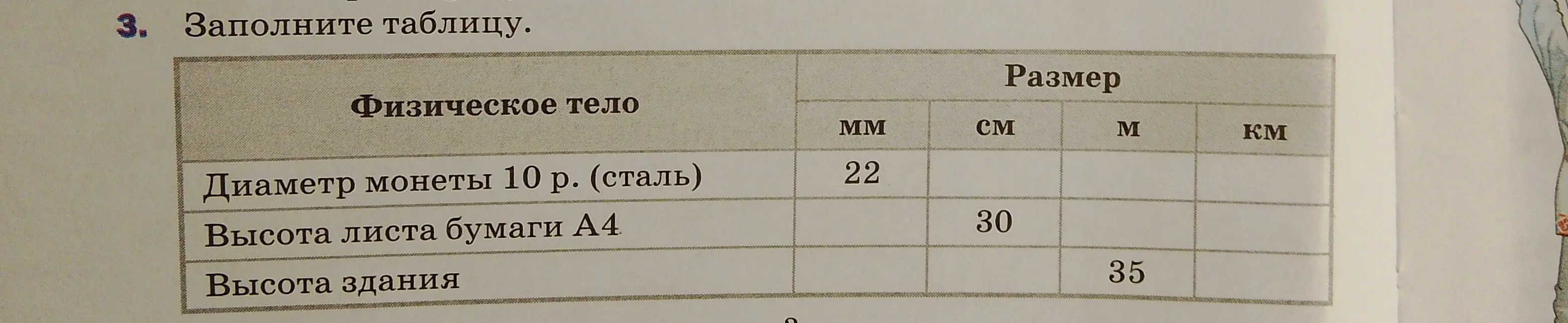 Помоги мне заполнить таблицу, переведя размеры физических тел в разные единицы измерения