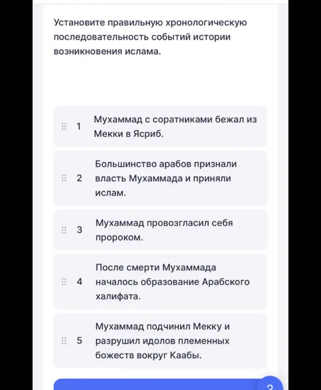 Предложи правильную хронологическую последовательность событий истории возникновения ислама