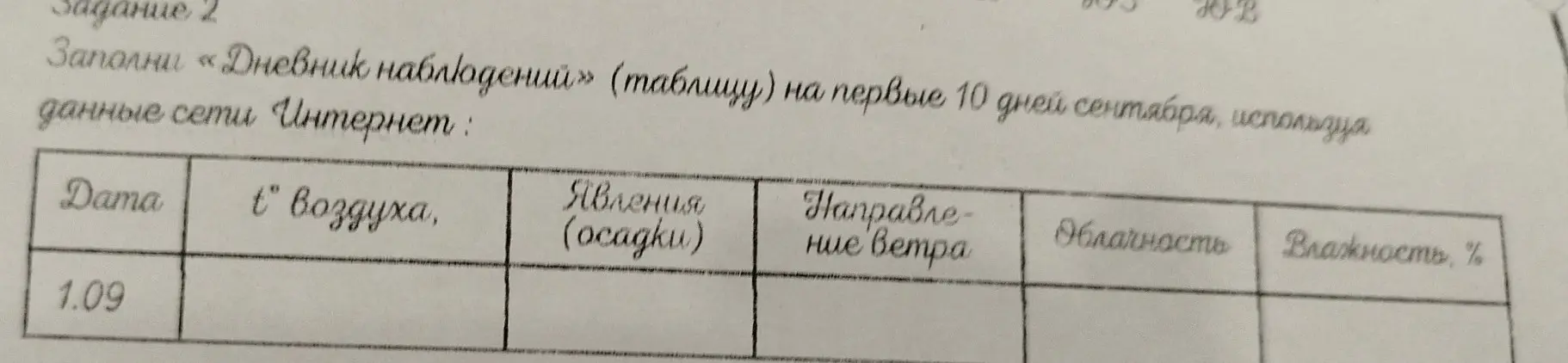 Заполни «Дневник наблюдений» (таблицу) на первые 10 дней сентября, используя данные сети Интернет