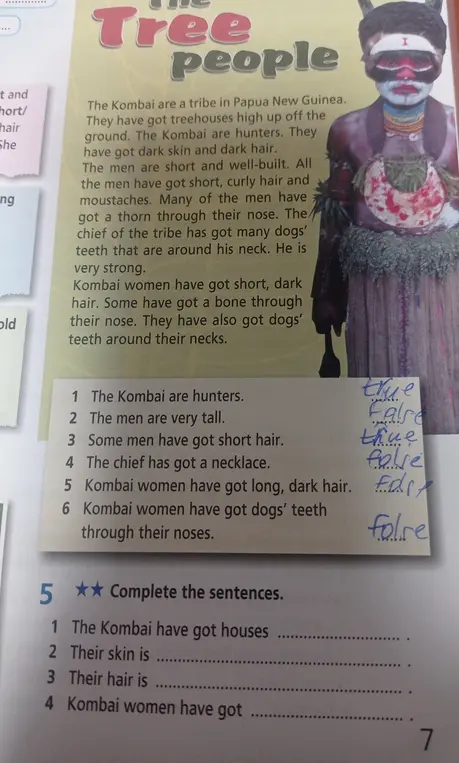 Заполни пропуски в предложениях, начиная с 'The Kombai have got houses'