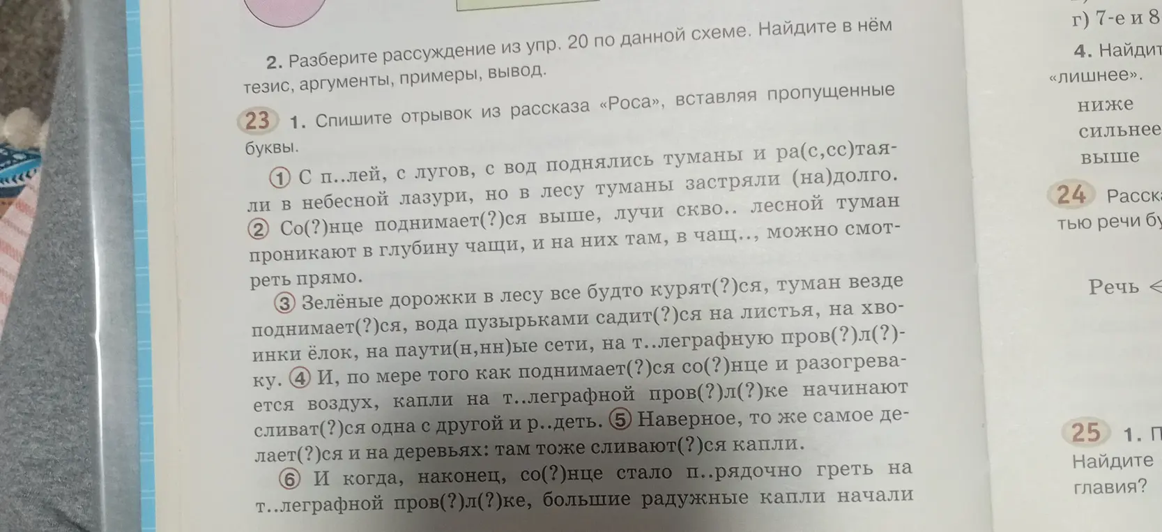 Ты просишь списать отрывок из рассказа «Роса», вставляя пропущенные буквы.