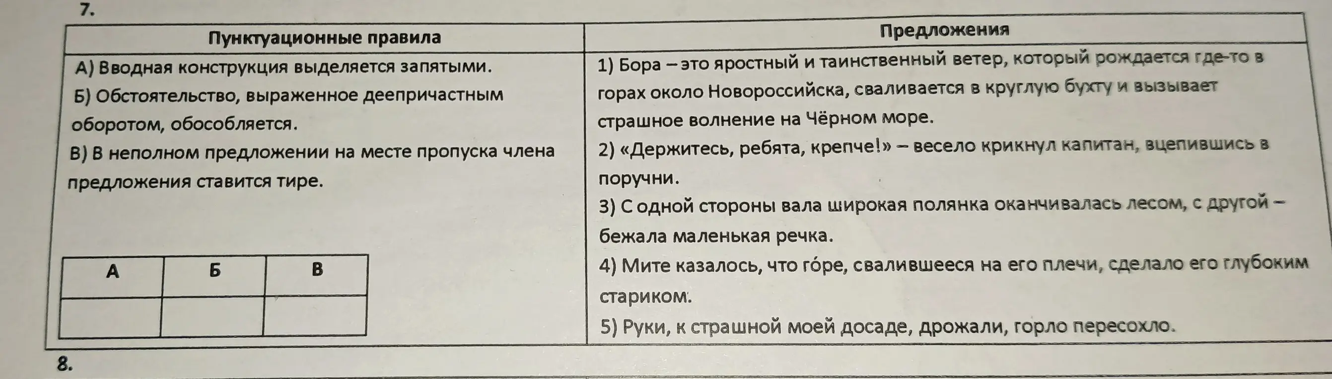 Выполни для меня задание, в котором нужно сопоставить пунктуационные правила с предложениями