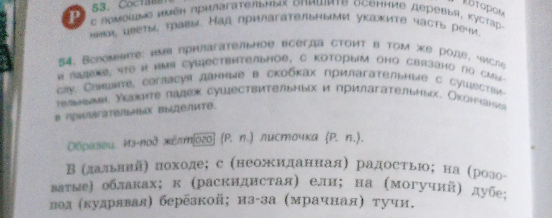 Ты просишь согласовать данные в скобках прилагательные с существительными и указать падеж существительных и прилагательных в упражнении 54.
