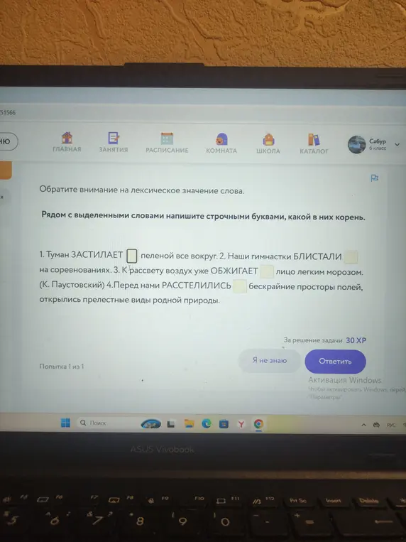 Определи корень в словах: 'ЗАСТИЛАЕТ', 'БЛИСТАЛИ', 'ОБЖИГАЕТ', 'РАССТЕЛИЛИСЬ'