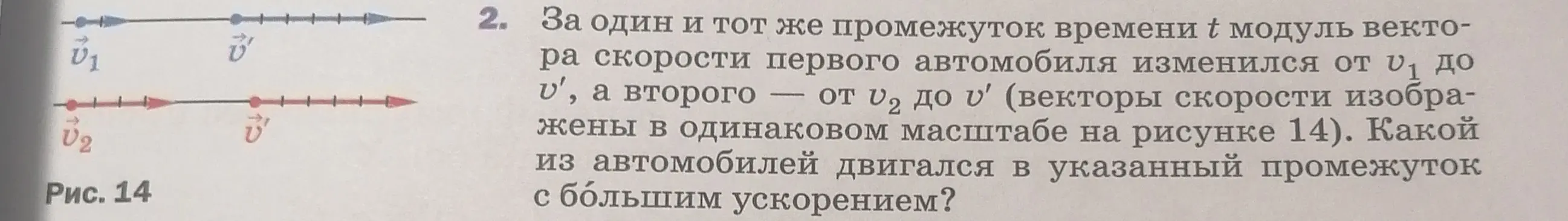 Объясни, какой из автомобилей двигался с большим ускорением, если за один и тот же промежуток времени t модуль вектора скорости первого автомобиля изменился от v1 до v', а второго — от v2 до v'