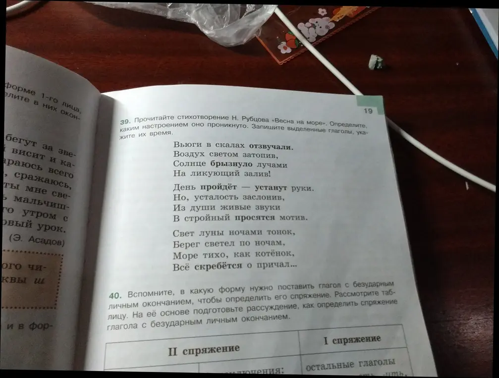 Выполни упражнение: прочитай стихотворение Н. Рубцова «Весна на море», определи, каким настроением оно проникнуто и запиши выделенные глаголы, укажи их время