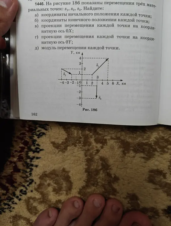 Можешь помочь мне найти координаты начального и конечного положения каждой точки, проекции перемещения и модуль перемещения каждой точки?