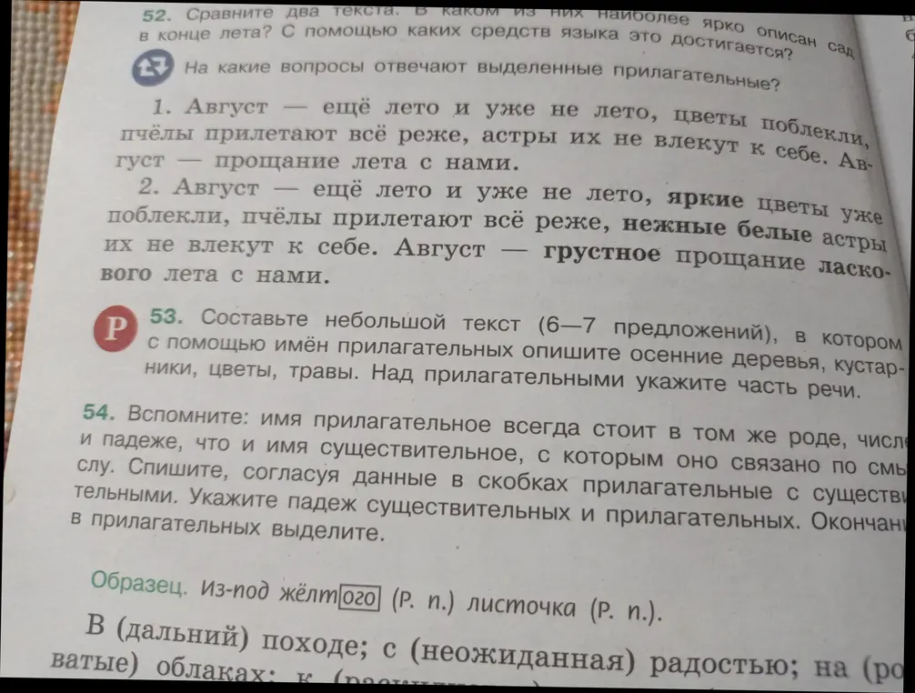 Ты просишь ответить на вопросы к текстам, составить текст с прилагательными, указать части речи и согласовать прилагательные с существительными.