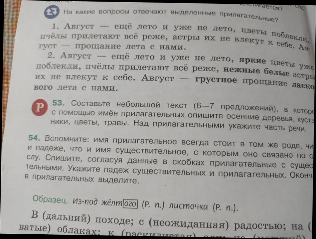 Составь небольшой текст (6-7 предложений), в котором с помощью имён прилагательных опиши осенние деревья, кустарники, цветы, травы.