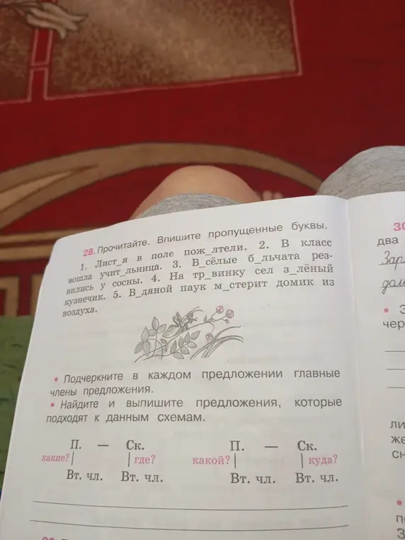 В задании 28 нужно вписать пропущенные буквы и найти предложения, которые подходят к данным схемам