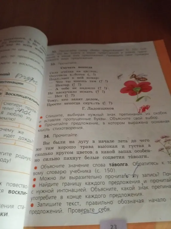 Выполни задание 33: спиши стихотворение, выбирая нужный знак препинания из скобок и вставляя пропущенные буквы. Объясни свой выбор.