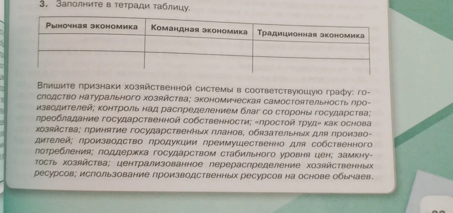 Заполни таблицу: рыночная экономика, командная экономика, традиционная экономика