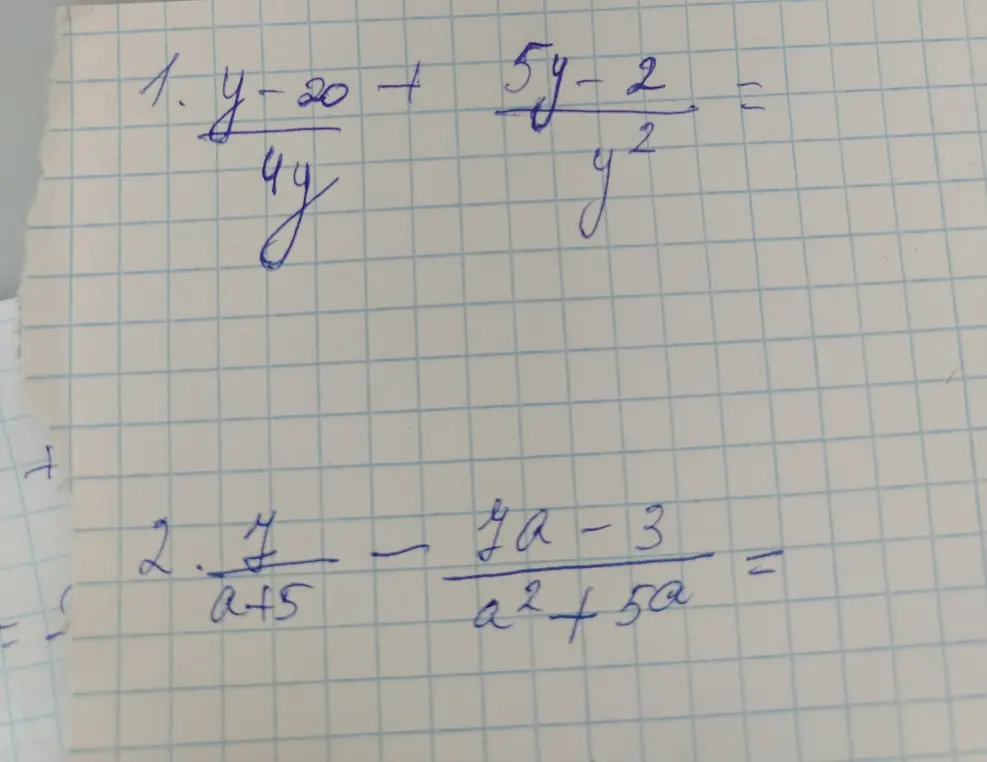 Ты просишь решить примеры с дробями: (y-20) / 4 + (5y-2) / 2 и 7 / (a+5) - (4a-3) / (a^2 + 5a)