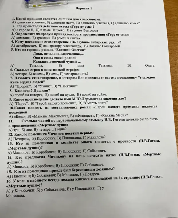 Выполни задания из варианта по литературе